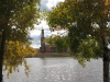 Holcomb Auditorium tower across the lake
