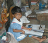 JPEG 55KB - This young lady is learning to read while she sits in her father's cobbler shop.